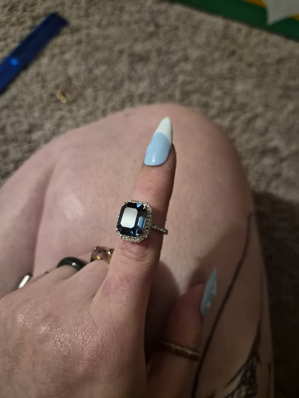 Blue Emerald-Cut Halo Ring - Women Jewelry